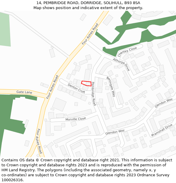 14, PEMBRIDGE ROAD, DORRIDGE, SOLIHULL, B93 8SA: Location map and indicative extent of plot