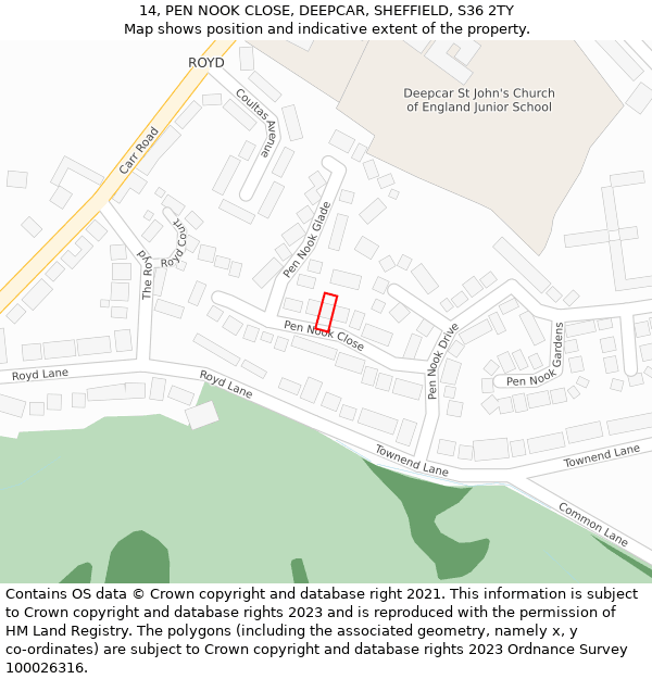14, PEN NOOK CLOSE, DEEPCAR, SHEFFIELD, S36 2TY: Location map and indicative extent of plot