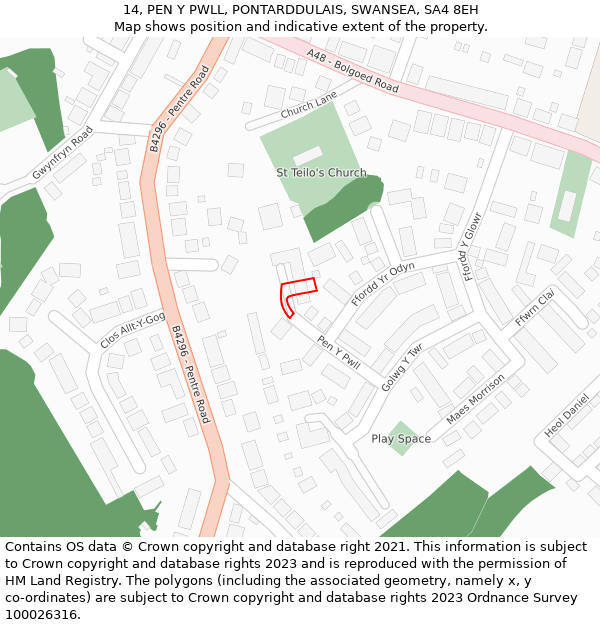 14, PEN Y PWLL, PONTARDDULAIS, SWANSEA, SA4 8EH: Location map and indicative extent of plot