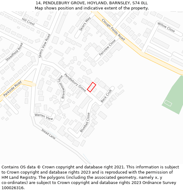 14, PENDLEBURY GROVE, HOYLAND, BARNSLEY, S74 0LL: Location map and indicative extent of plot