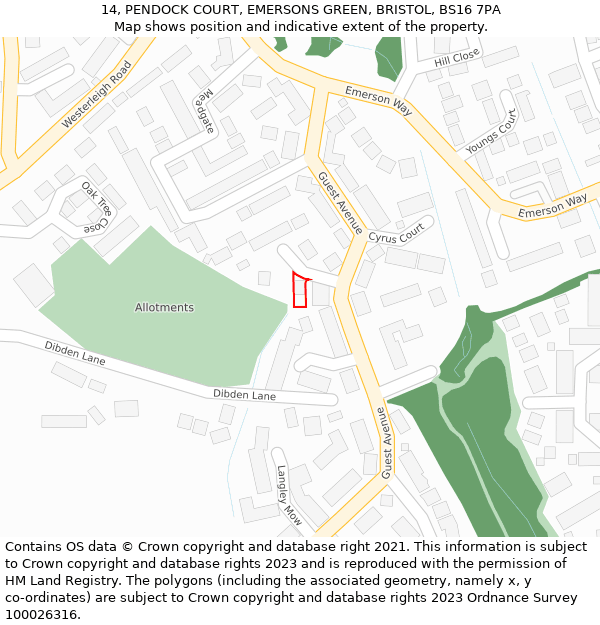 14, PENDOCK COURT, EMERSONS GREEN, BRISTOL, BS16 7PA: Location map and indicative extent of plot