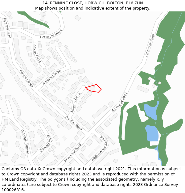 14, PENNINE CLOSE, HORWICH, BOLTON, BL6 7HN: Location map and indicative extent of plot