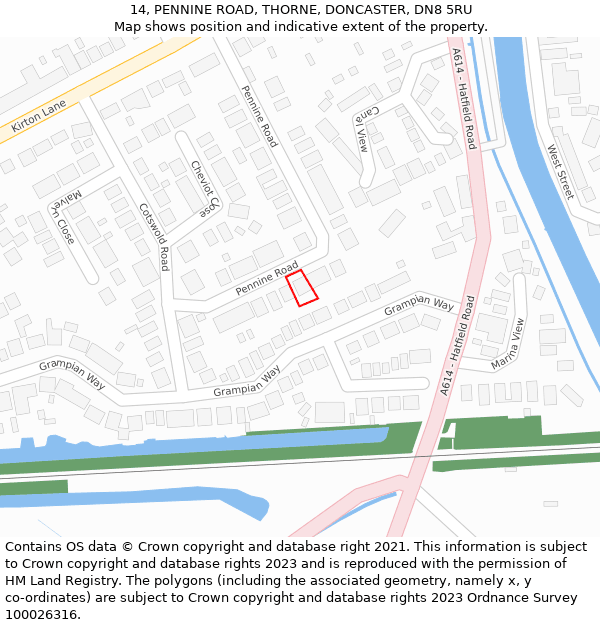 14, PENNINE ROAD, THORNE, DONCASTER, DN8 5RU: Location map and indicative extent of plot
