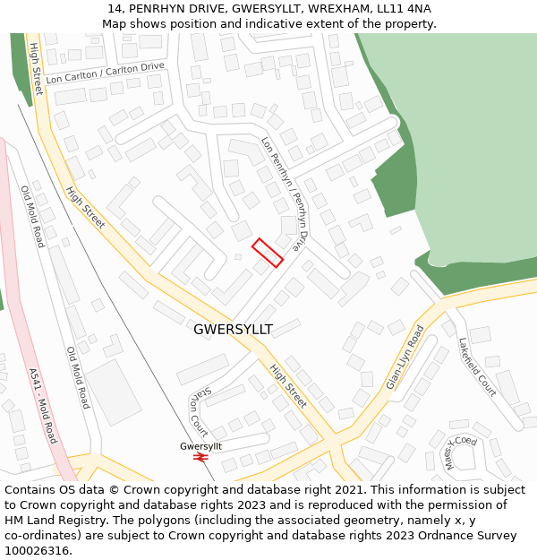 14, PENRHYN DRIVE, GWERSYLLT, WREXHAM, LL11 4NA: Location map and indicative extent of plot