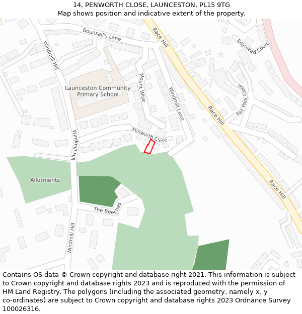 14, PENWORTH CLOSE, LAUNCESTON, PL15 9TG: Location map and indicative extent of plot