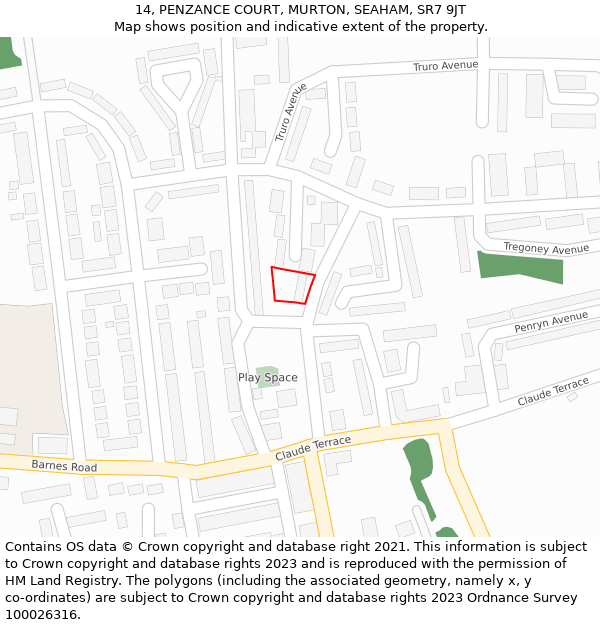 14, PENZANCE COURT, MURTON, SEAHAM, SR7 9JT: Location map and indicative extent of plot