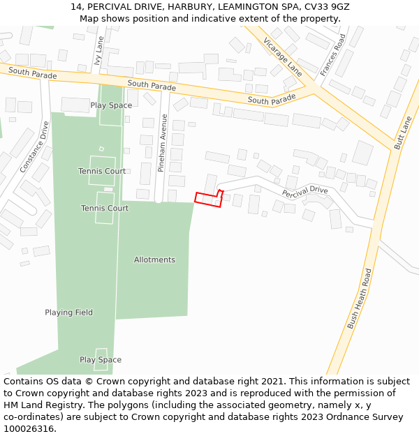14, PERCIVAL DRIVE, HARBURY, LEAMINGTON SPA, CV33 9GZ: Location map and indicative extent of plot
