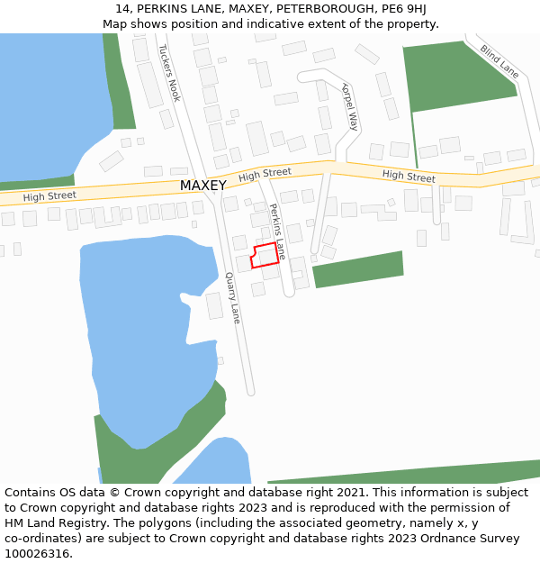 14, PERKINS LANE, MAXEY, PETERBOROUGH, PE6 9HJ: Location map and indicative extent of plot