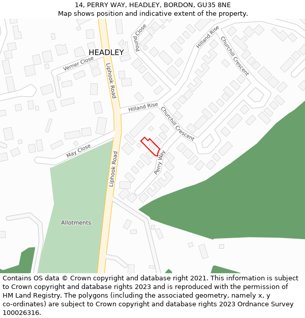 14, PERRY WAY, HEADLEY, BORDON, GU35 8NE: Location map and indicative extent of plot