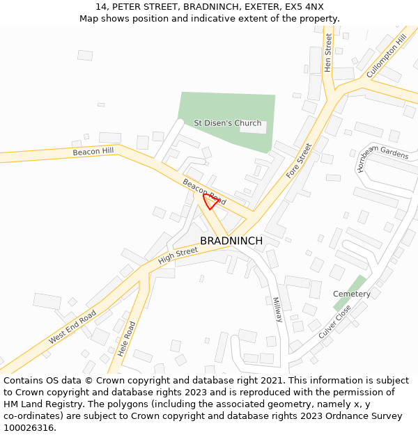 14, PETER STREET, BRADNINCH, EXETER, EX5 4NX: Location map and indicative extent of plot