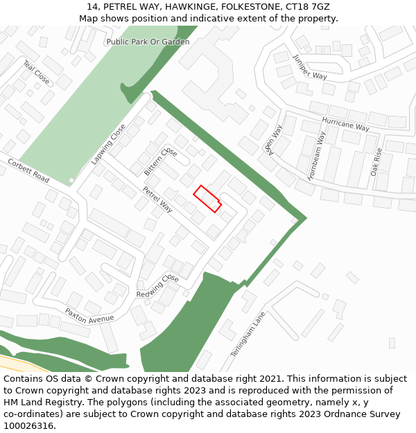 14, PETREL WAY, HAWKINGE, FOLKESTONE, CT18 7GZ: Location map and indicative extent of plot