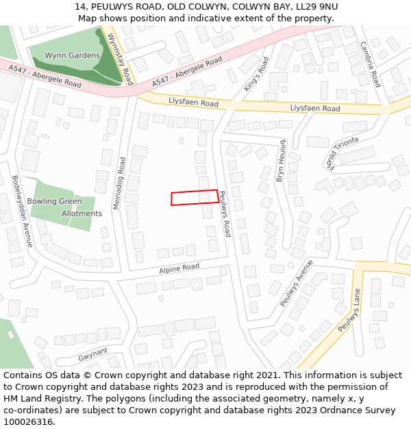 14, PEULWYS ROAD, OLD COLWYN, COLWYN BAY, LL29 9NU: Location map and indicative extent of plot