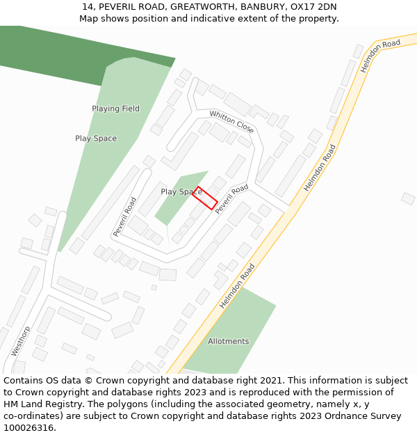 14, PEVERIL ROAD, GREATWORTH, BANBURY, OX17 2DN: Location map and indicative extent of plot