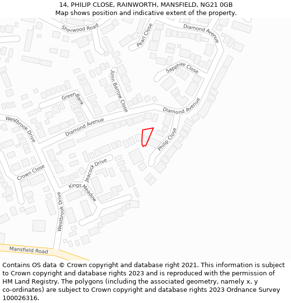 14, PHILIP CLOSE, RAINWORTH, MANSFIELD, NG21 0GB: Location map and indicative extent of plot