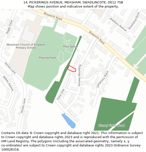 14, PICKERINGS AVENUE, MEASHAM, SWADLINCOTE, DE12 7SB: Location map and indicative extent of plot