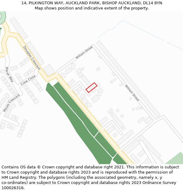 14, PILKINGTON WAY, AUCKLAND PARK, BISHOP AUCKLAND, DL14 8YN: Location map and indicative extent of plot