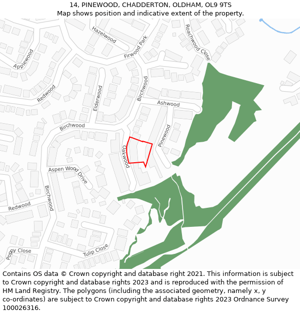 14, PINEWOOD, CHADDERTON, OLDHAM, OL9 9TS: Location map and indicative extent of plot