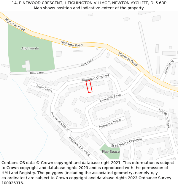 14, PINEWOOD CRESCENT, HEIGHINGTON VILLAGE, NEWTON AYCLIFFE, DL5 6RP: Location map and indicative extent of plot