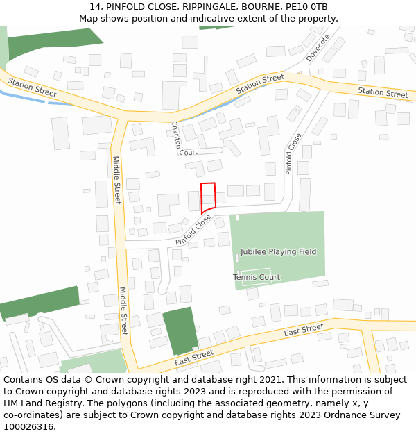 14, PINFOLD CLOSE, RIPPINGALE, BOURNE, PE10 0TB: Location map and indicative extent of plot