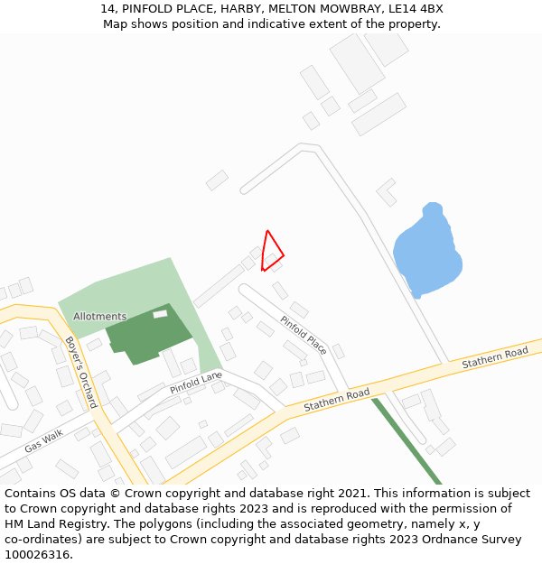 14, PINFOLD PLACE, HARBY, MELTON MOWBRAY, LE14 4BX: Location map and indicative extent of plot