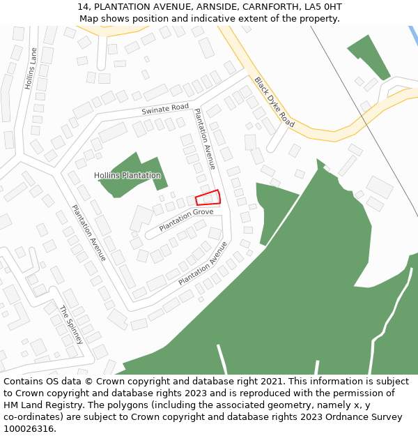 14, PLANTATION AVENUE, ARNSIDE, CARNFORTH, LA5 0HT: Location map and indicative extent of plot