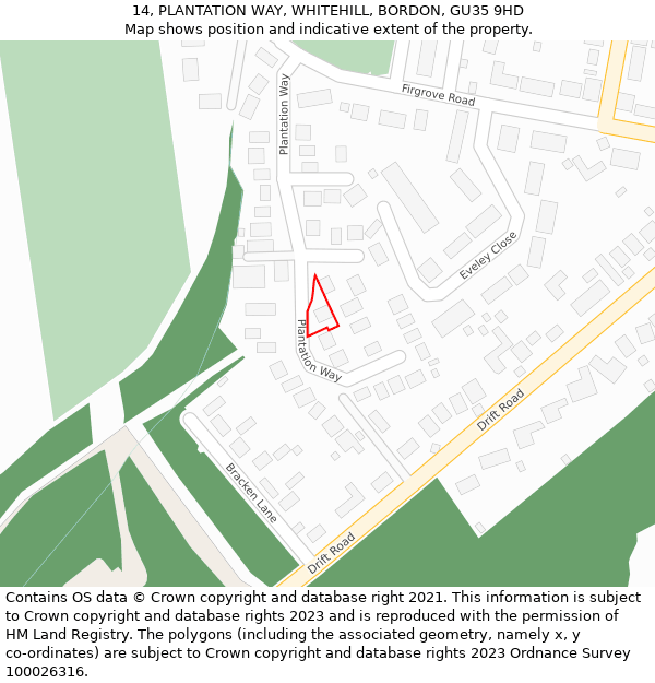 14, PLANTATION WAY, WHITEHILL, BORDON, GU35 9HD: Location map and indicative extent of plot