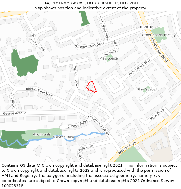 14, PLATNAM GROVE, HUDDERSFIELD, HD2 2RH: Location map and indicative extent of plot