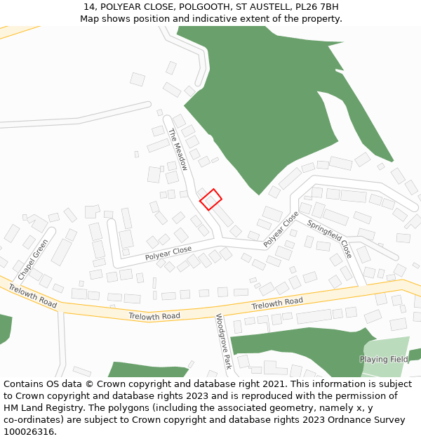 14, POLYEAR CLOSE, POLGOOTH, ST AUSTELL, PL26 7BH: Location map and indicative extent of plot