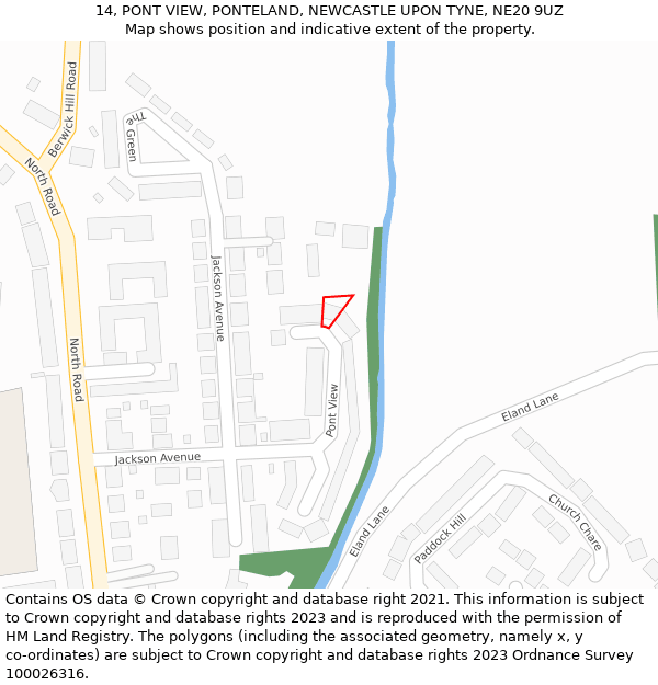 14, PONT VIEW, PONTELAND, NEWCASTLE UPON TYNE, NE20 9UZ: Location map and indicative extent of plot