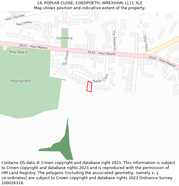 14, POPLAR CLOSE, COEDPOETH, WREXHAM, LL11 3LZ: Location map and indicative extent of plot