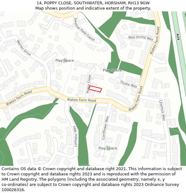 14, POPPY CLOSE, SOUTHWATER, HORSHAM, RH13 9GW: Location map and indicative extent of plot