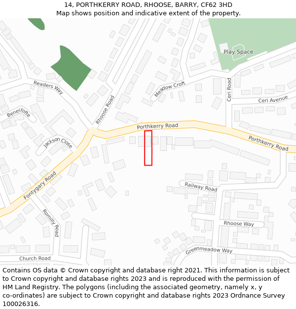 14, PORTHKERRY ROAD, RHOOSE, BARRY, CF62 3HD: Location map and indicative extent of plot