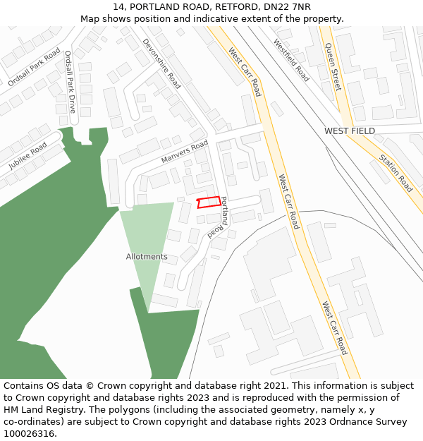 14, PORTLAND ROAD, RETFORD, DN22 7NR: Location map and indicative extent of plot