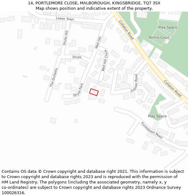 14, PORTLEMORE CLOSE, MALBOROUGH, KINGSBRIDGE, TQ7 3SX: Location map and indicative extent of plot