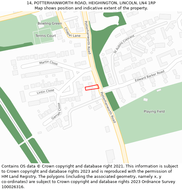 14, POTTERHANWORTH ROAD, HEIGHINGTON, LINCOLN, LN4 1RP: Location map and indicative extent of plot