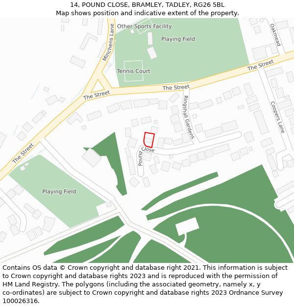 14, POUND CLOSE, BRAMLEY, TADLEY, RG26 5BL: Location map and indicative extent of plot