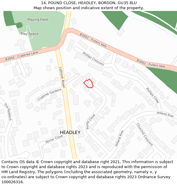 14, POUND CLOSE, HEADLEY, BORDON, GU35 8LU: Location map and indicative extent of plot