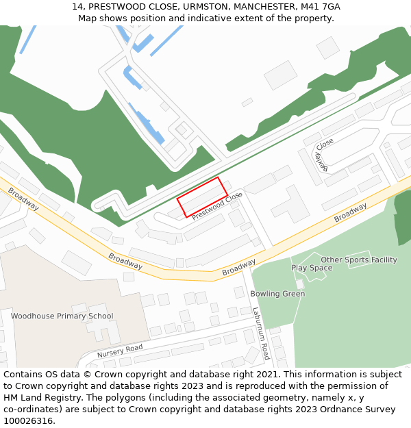 14, PRESTWOOD CLOSE, URMSTON, MANCHESTER, M41 7GA: Location map and indicative extent of plot