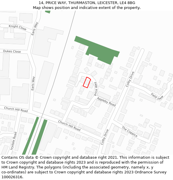 14, PRICE WAY, THURMASTON, LEICESTER, LE4 8BG: Location map and indicative extent of plot