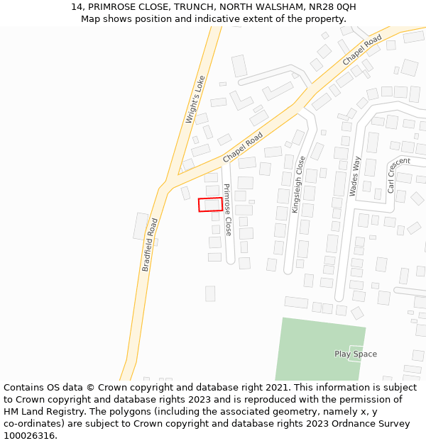 14, PRIMROSE CLOSE, TRUNCH, NORTH WALSHAM, NR28 0QH: Location map and indicative extent of plot