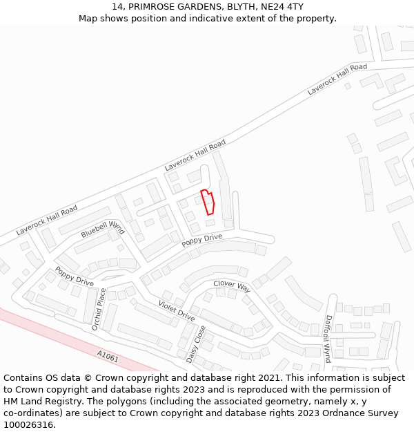 14, PRIMROSE GARDENS, BLYTH, NE24 4TY: Location map and indicative extent of plot