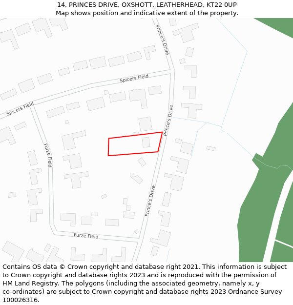 14, PRINCES DRIVE, OXSHOTT, LEATHERHEAD, KT22 0UP: Location map and indicative extent of plot