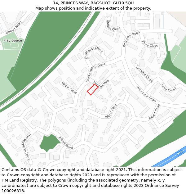 14, PRINCES WAY, BAGSHOT, GU19 5QU: Location map and indicative extent of plot