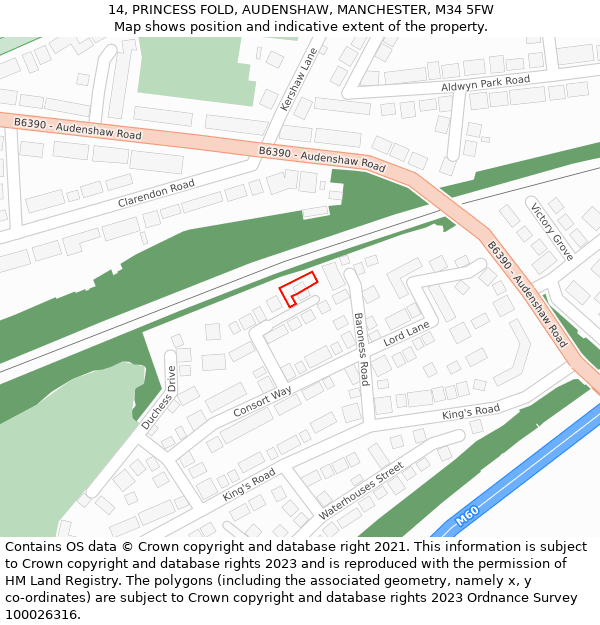 14, PRINCESS FOLD, AUDENSHAW, MANCHESTER, M34 5FW: Location map and indicative extent of plot