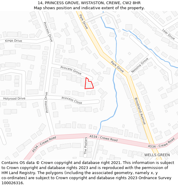 14, PRINCESS GROVE, WISTASTON, CREWE, CW2 8HR: Location map and indicative extent of plot