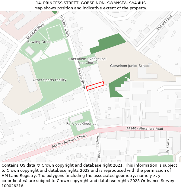 14, PRINCESS STREET, GORSEINON, SWANSEA, SA4 4US: Location map and indicative extent of plot