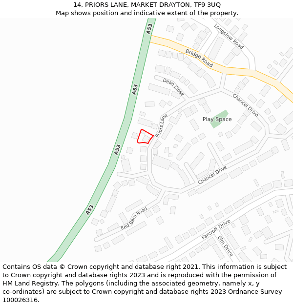 14, PRIORS LANE, MARKET DRAYTON, TF9 3UQ: Location map and indicative extent of plot