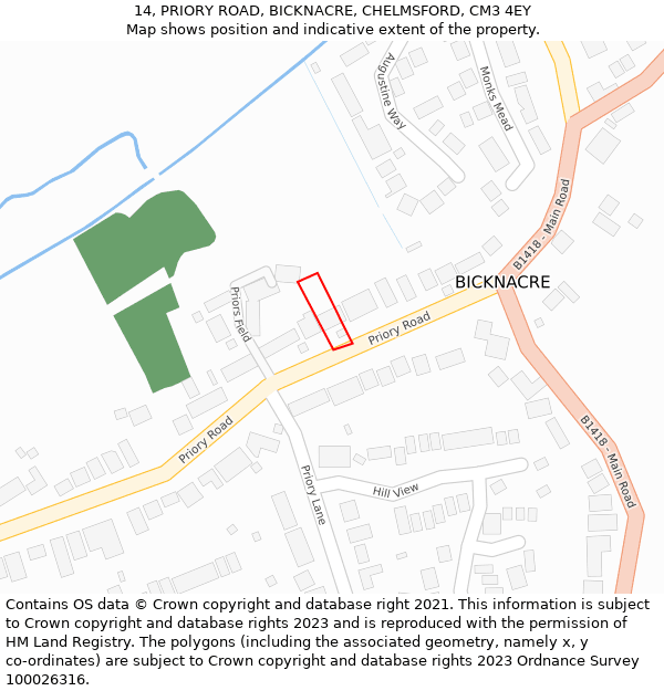 14, PRIORY ROAD, BICKNACRE, CHELMSFORD, CM3 4EY: Location map and indicative extent of plot