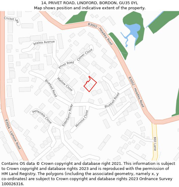 14, PRIVET ROAD, LINDFORD, BORDON, GU35 0YL: Location map and indicative extent of plot