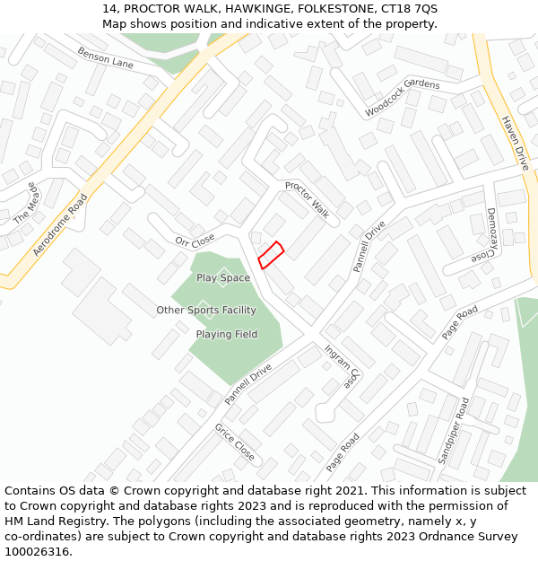 14, PROCTOR WALK, HAWKINGE, FOLKESTONE, CT18 7QS: Location map and indicative extent of plot